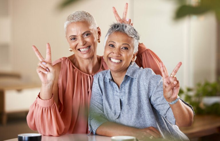 Senior women bonding or peace sign in house or ho 2026 01 09 09 23 31 utc